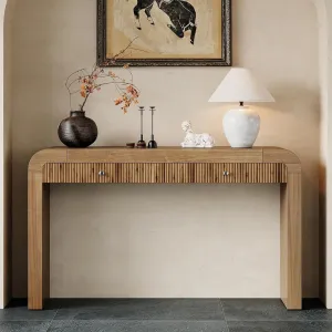 Farmhouse Console Table with 2 Drawers, Entryway Table with Curved Corners and Thick Legs, Sturdy Sofa Table for Entryway, Hallway, Living Room, Natural