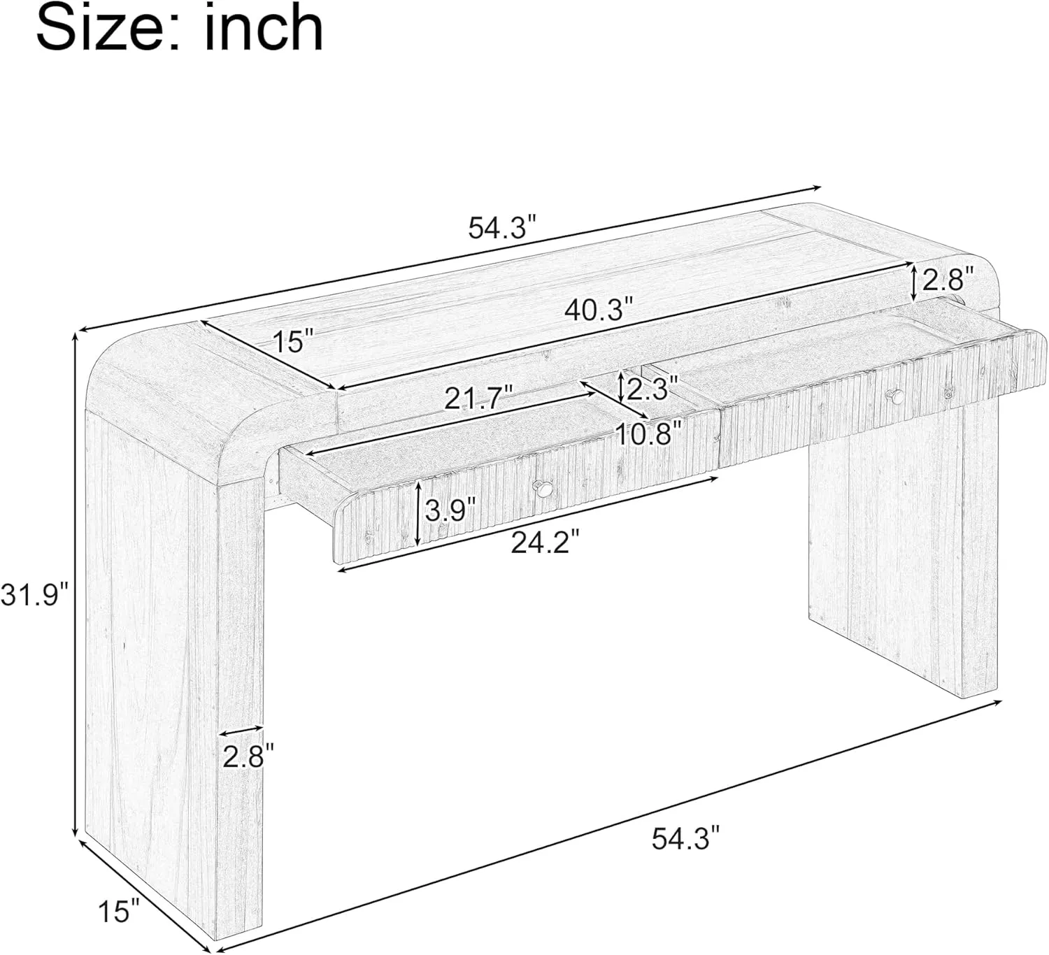 Farmhouse Console Table with 2 Drawers, Entryway Table with Curved Corners and Thick Legs, Sturdy Sofa Table for Entryway, Hallway, Living Room, Natural