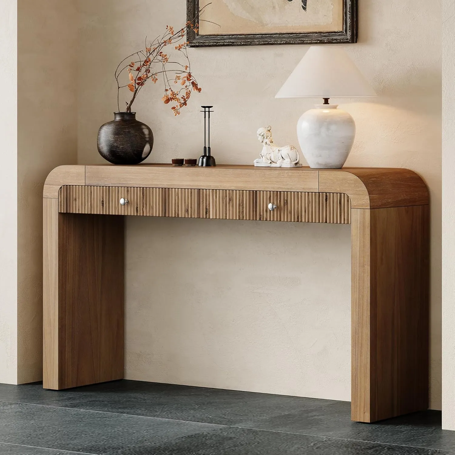 Farmhouse Console Table with 2 Drawers, Entryway Table with Curved Corners and Thick Legs, Sturdy Sofa Table for Entryway, Hallway, Living Room, Natural