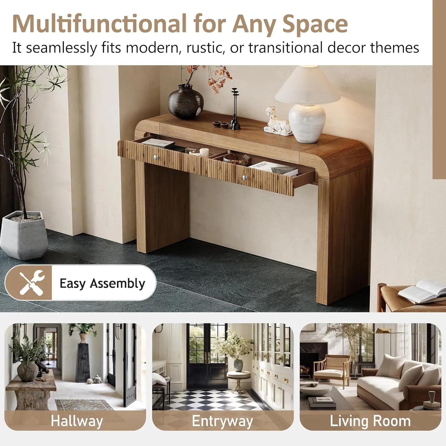 Farmhouse Console Table with 2 Drawers, Entryway Table with Curved Corners and Thick Legs, Sturdy Sofa Table for Entryway, Hallway, Living Room, Natural