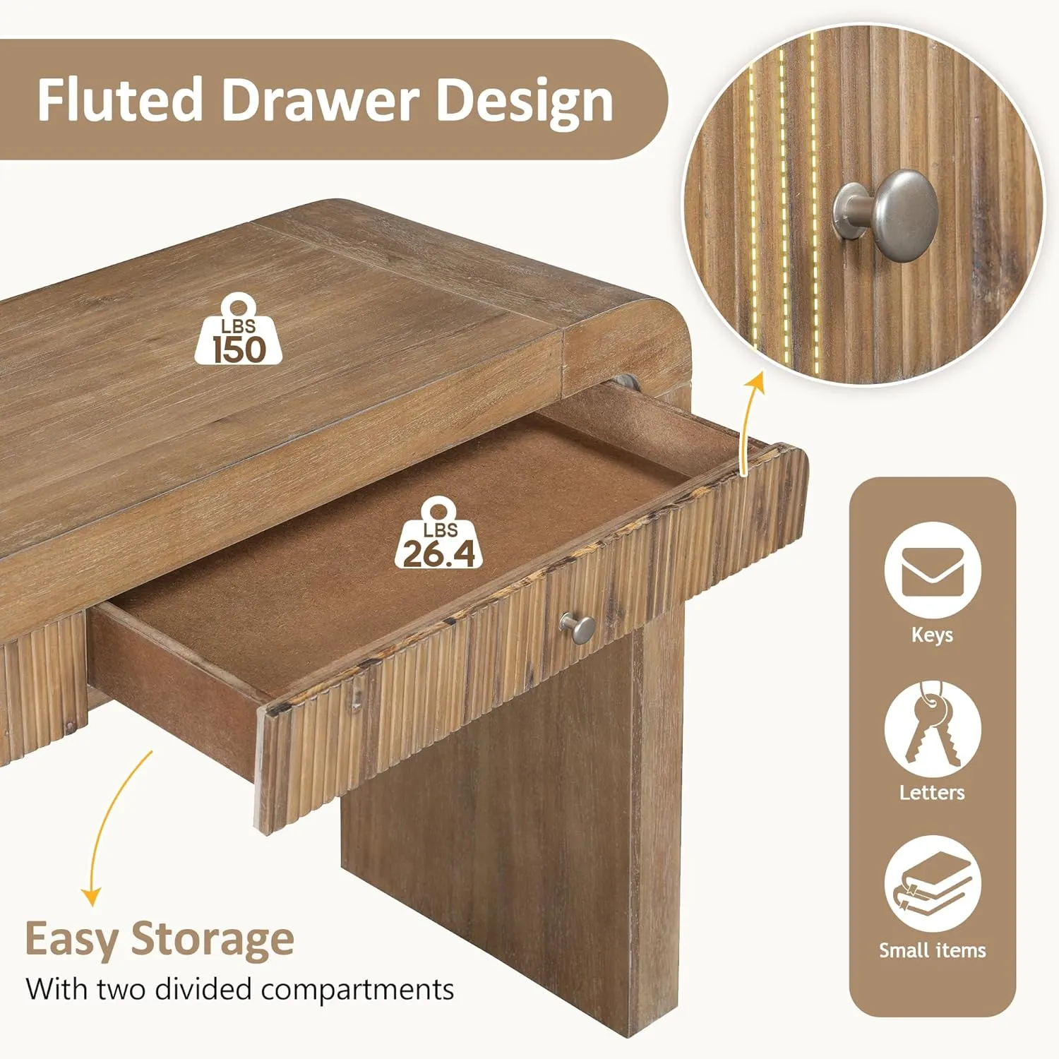 Farmhouse Console Table with 2 Drawers, Entryway Table with Curved Corners and Thick Legs, Sturdy Sofa Table for Entryway, Hallway, Living Room, Natural