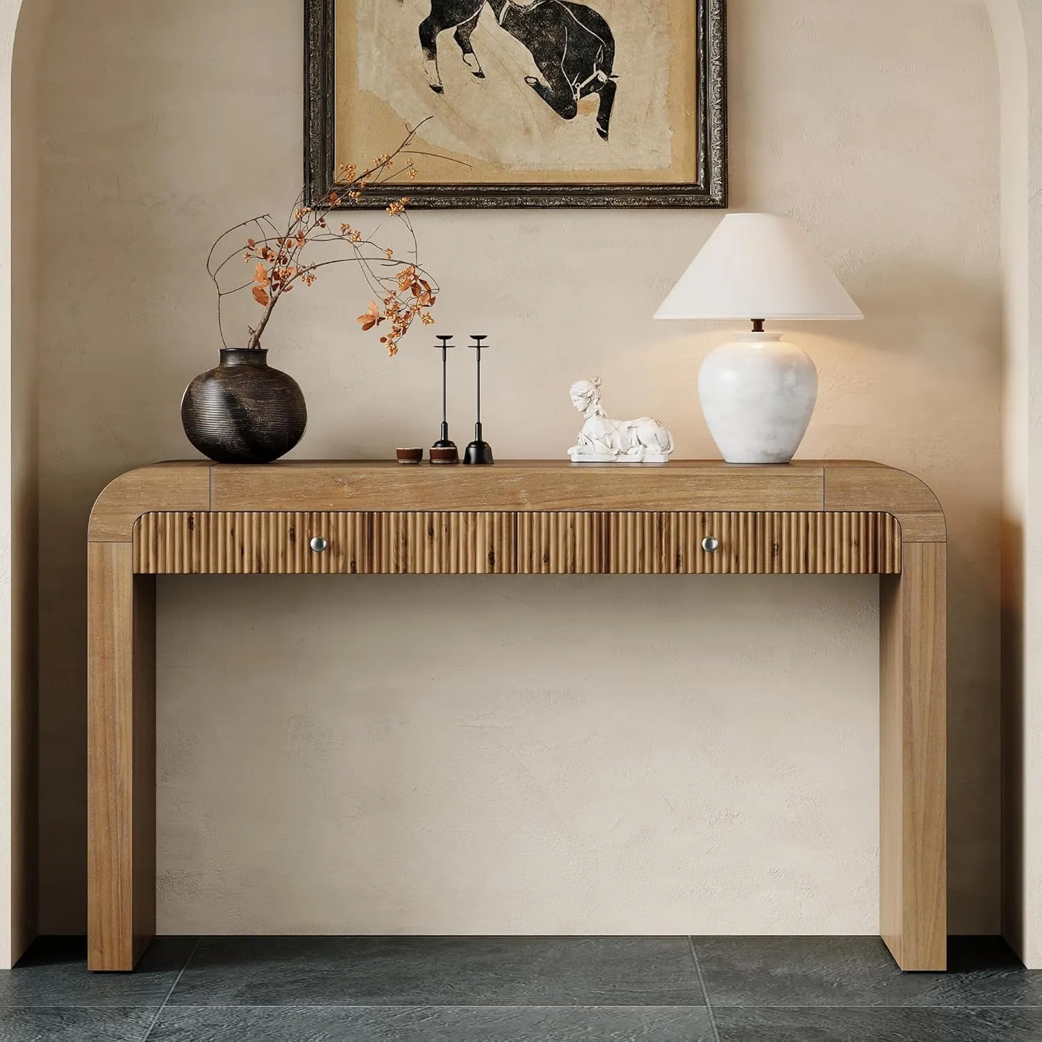 Farmhouse Console Table with 2 Drawers, Entryway Table with Curved Corners and Thick Legs, Sturdy Sofa Table for Entryway, Hallway, Living Room, Natural
