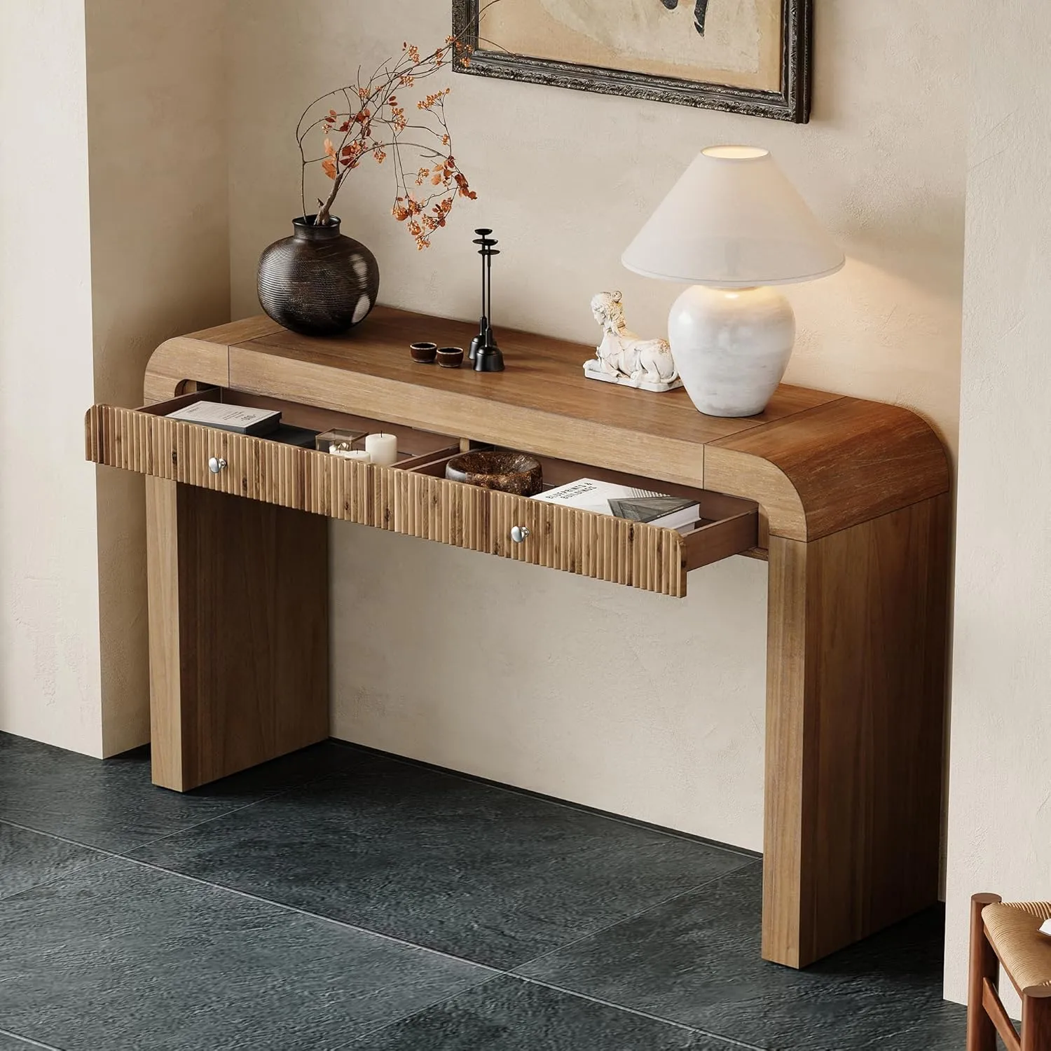 Farmhouse Console Table with 2 Drawers, Entryway Table with Curved Corners and Thick Legs, Sturdy Sofa Table for Entryway, Hallway, Living Room, Natural