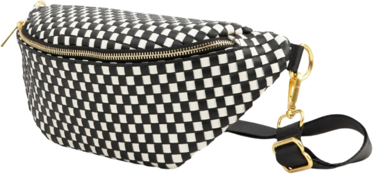 FAWN DESIGN The Fawny Pack Faux Leather Woven Fanny Pack for Women Crossbody Bag, Premium Matte Vegan Leather, 3 Pockets and 6 Interior Card Slots, 2 Adjustable Nylon Strap, Black and White