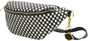 FAWN DESIGN The Fawny Pack Faux Leather Woven Fanny Pack for Women Crossbody Bag, Premium Matte Vegan Leather, 3 Pockets and 6 Interior Card Slots, 2 Adjustable Nylon Strap, Black and White