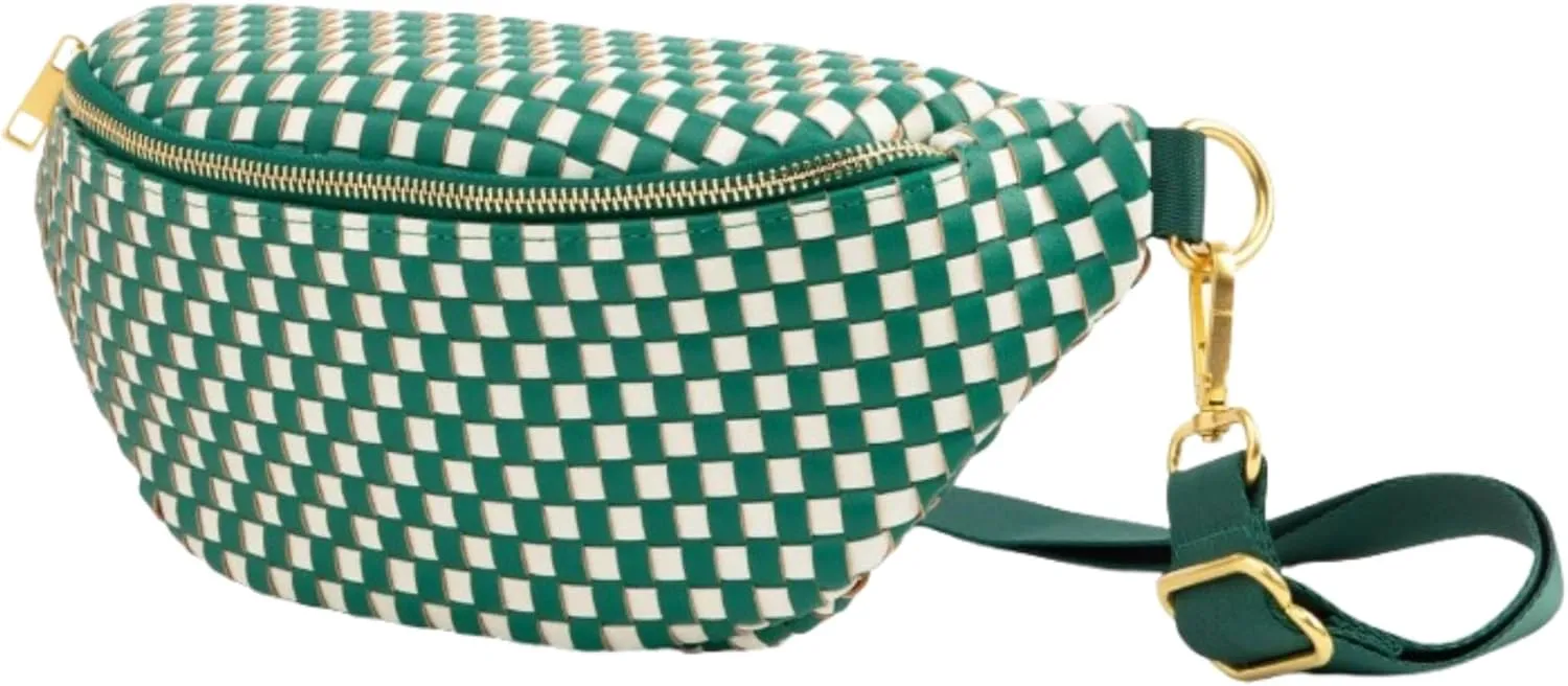 FAWN DESIGN The Fawny Pack Faux Leather Woven Fanny Pack for Women Crossbody Bag, Premium Matte Vegan Leather, 3 Pockets and 6 Interior Card Slots, 2 Adjustable Nylon Strap, Green and White