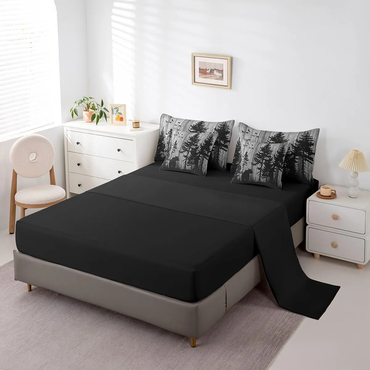 Feelyou Bear Comforter Set 7 Pieces Wild Animal Bed in a Bag Rustic Cabin Country Nature Wildlife Bear Bedding Set King Size Bedroom Decor Grey Tree Bed Set with Comforter, Sheet Set, Pillowcases