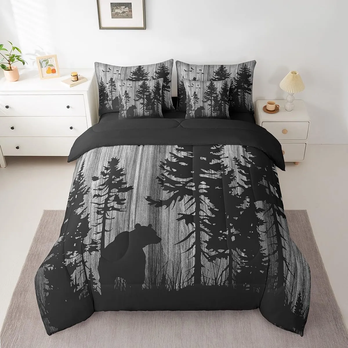 Feelyou Bear Comforter Set 7 Pieces Wild Animal Bed in a Bag Rustic Cabin Country Nature Wildlife Bear Bedding Set King Size Bedroom Decor Grey Tree Bed Set with Comforter, Sheet Set, Pillowcases
