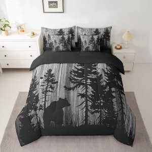 Feelyou Bear Comforter Set 7 Pieces Wild Animal Bed in a Bag Rustic Cabin Country Nature Wildlife Bear Bedding Set King Size Bedroom Decor Grey Tree Bed Set with Comforter, Sheet Set, Pillowcases