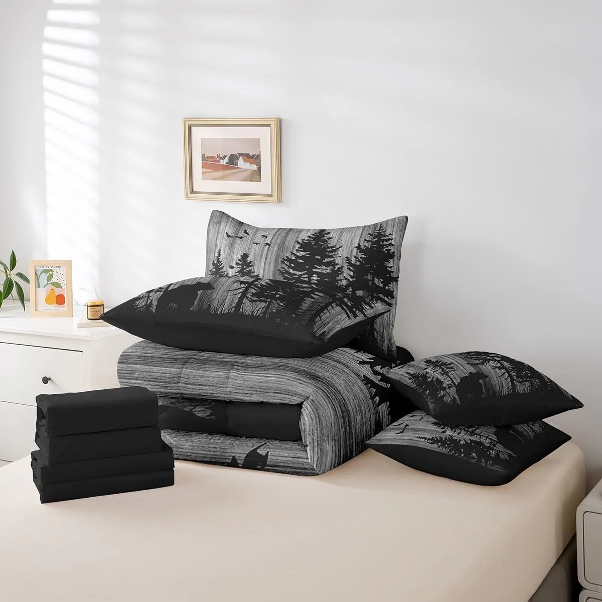 Feelyou Bear Comforter Set 7 Pieces Wild Animal Bed in a Bag Rustic Cabin Country Nature Wildlife Bear Bedding Set King Size Bedroom Decor Grey Tree Bed Set with Comforter, Sheet Set, Pillowcases