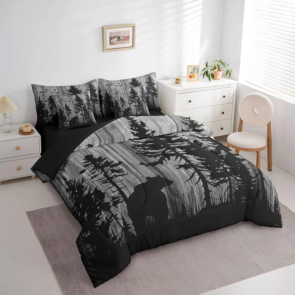 Feelyou Bear Comforter Set 7 Pieces Wild Animal Bed in a Bag Rustic Cabin Country Nature Wildlife Bear Bedding Set King Size Bedroom Decor Grey Tree Bed Set with Comforter, Sheet Set, Pillowcases