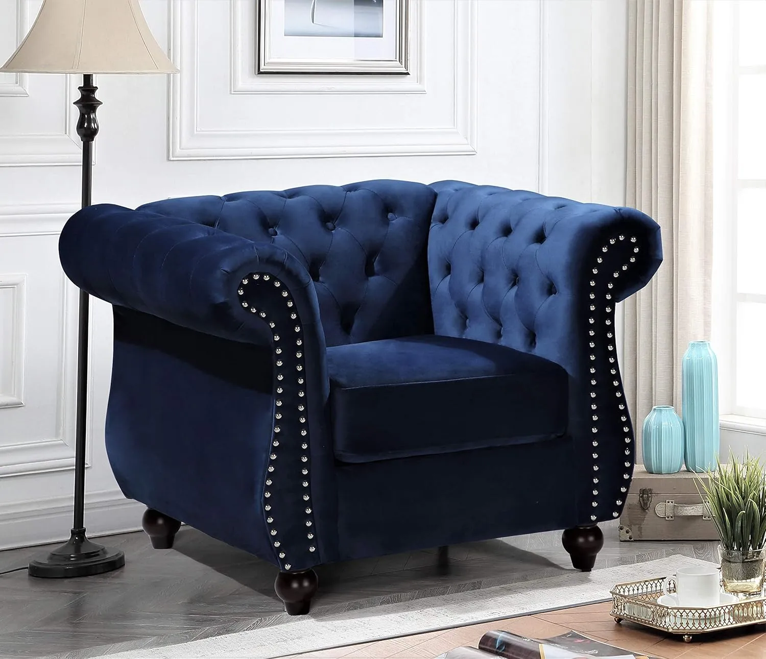 Feinstein Modern Velvet Chesterfield Couches for Living Room with Nailheads, Diamond Tufting & Durable Metal Frame, Chair, Loveseat & Sofa, Dark Blue