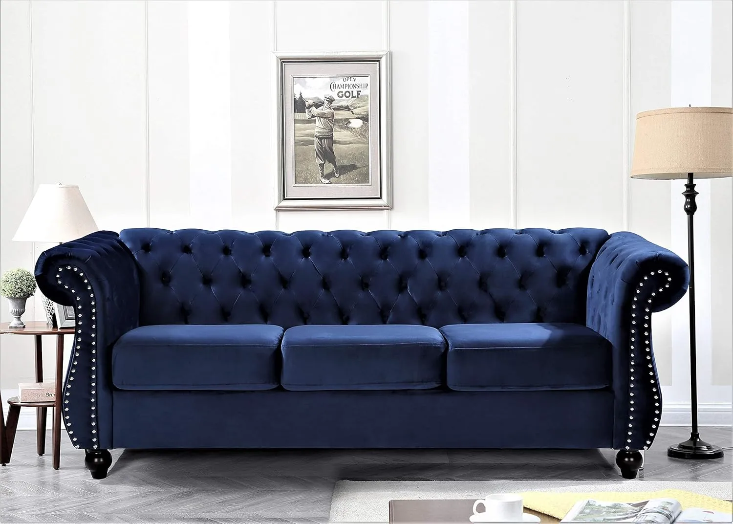 Feinstein Modern Velvet Chesterfield Couches for Living Room with Nailheads, Diamond Tufting & Durable Metal Frame, Chair, Loveseat & Sofa, Dark Blue