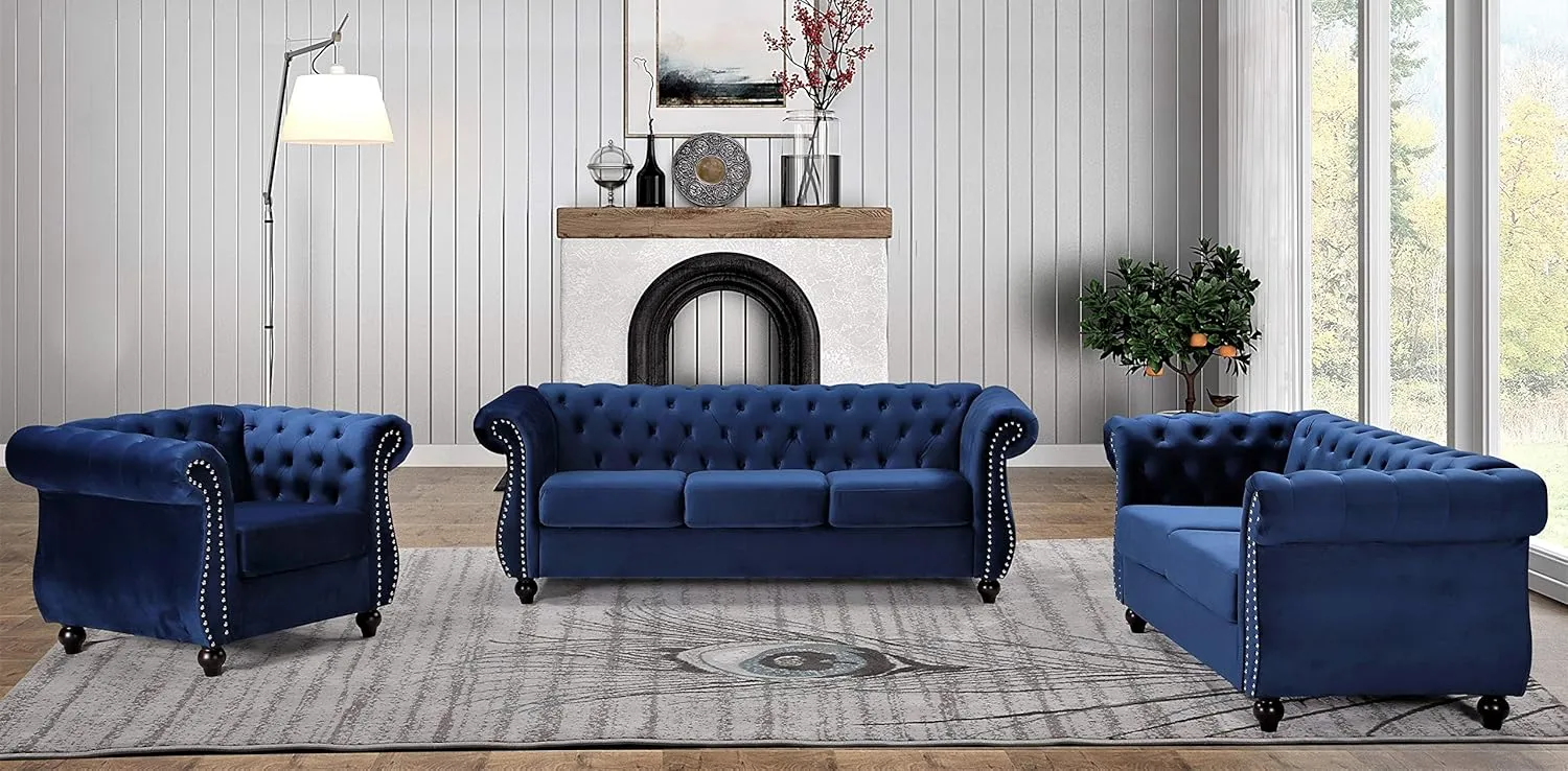 Feinstein Modern Velvet Chesterfield Couches for Living Room with Nailheads, Diamond Tufting & Durable Metal Frame, Chair, Loveseat & Sofa, Dark Blue