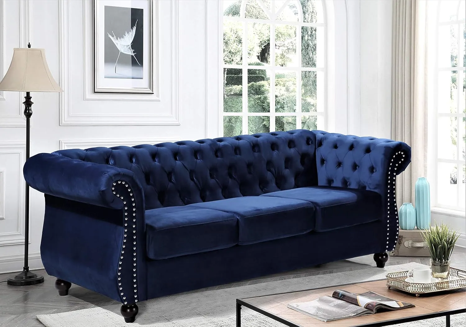 Feinstein Modern Velvet Chesterfield Couches for Living Room with Nailheads, Diamond Tufting & Durable Metal Frame, Chair, Loveseat & Sofa, Dark Blue