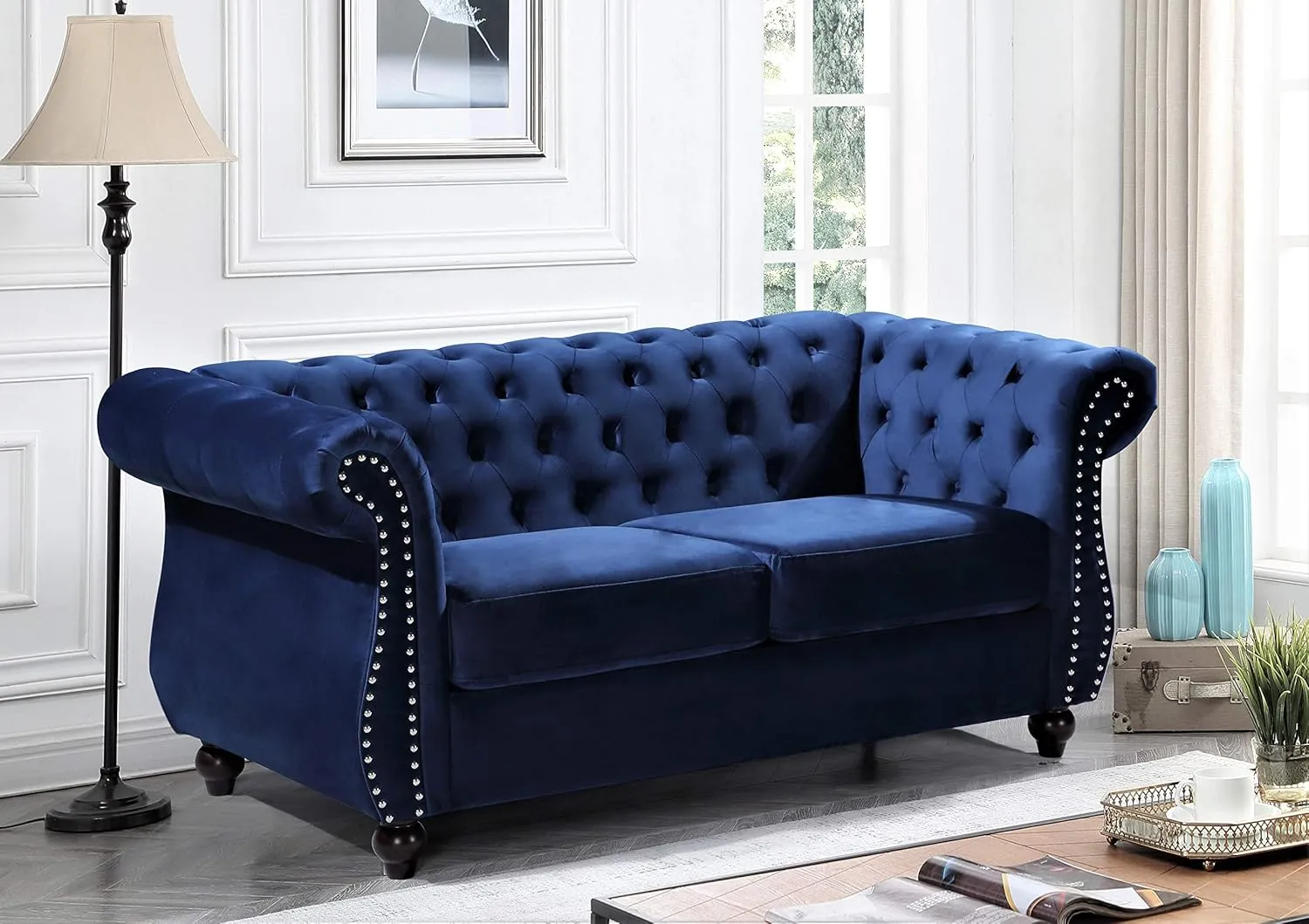 Feinstein Modern Velvet Chesterfield Couches for Living Room with Nailheads, Diamond Tufting & Durable Metal Frame, Chair, Loveseat & Sofa, Dark Blue