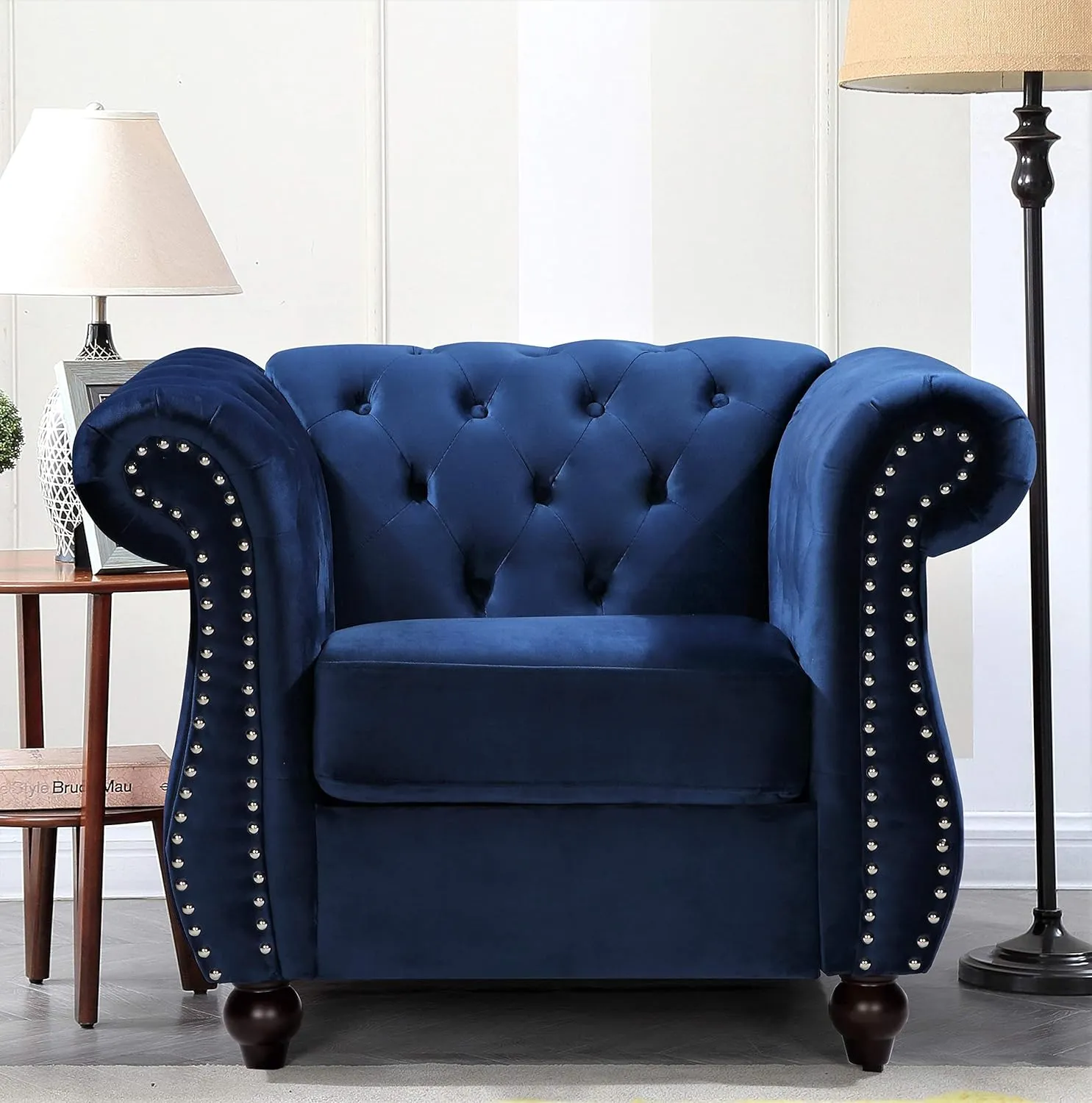 Feinstein Modern Velvet Chesterfield Couches for Living Room with Nailheads, Diamond Tufting & Durable Metal Frame, Chair, Loveseat & Sofa, Dark Blue