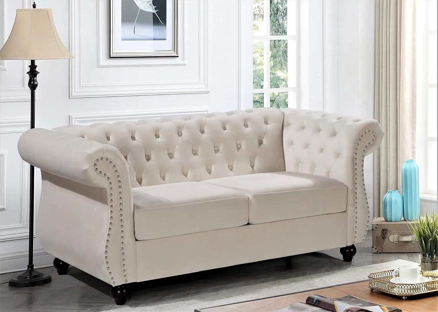Feinstein Modern Velvet Chesterfield Couches for Living Room with Nailheads, Diamond Tufting & Durable Metal Frame, Chair, Loveseat & Sofa, Ivory