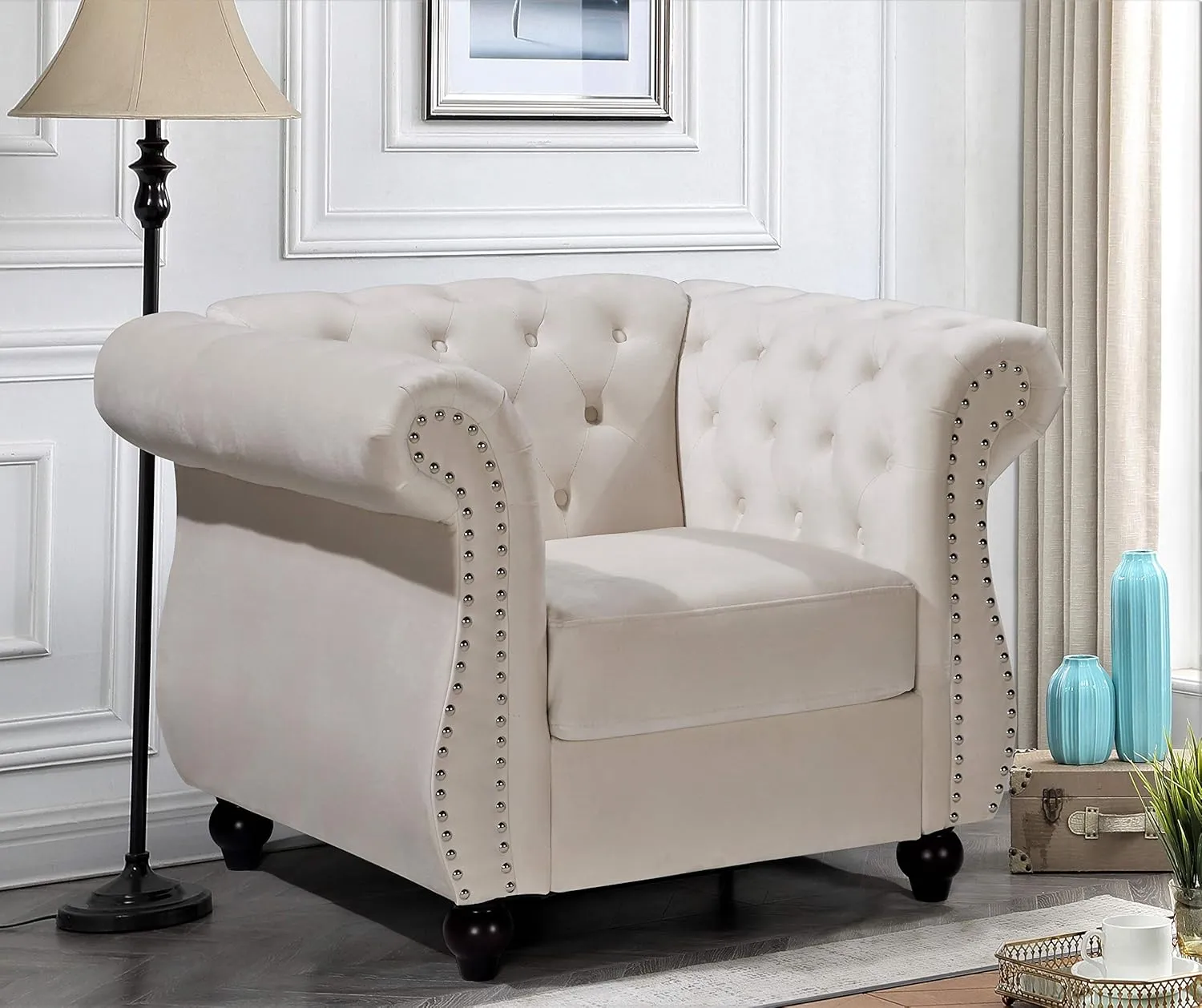 Feinstein Modern Velvet Chesterfield Couches for Living Room with Nailheads, Diamond Tufting & Durable Metal Frame, Chair, Loveseat & Sofa, Ivory