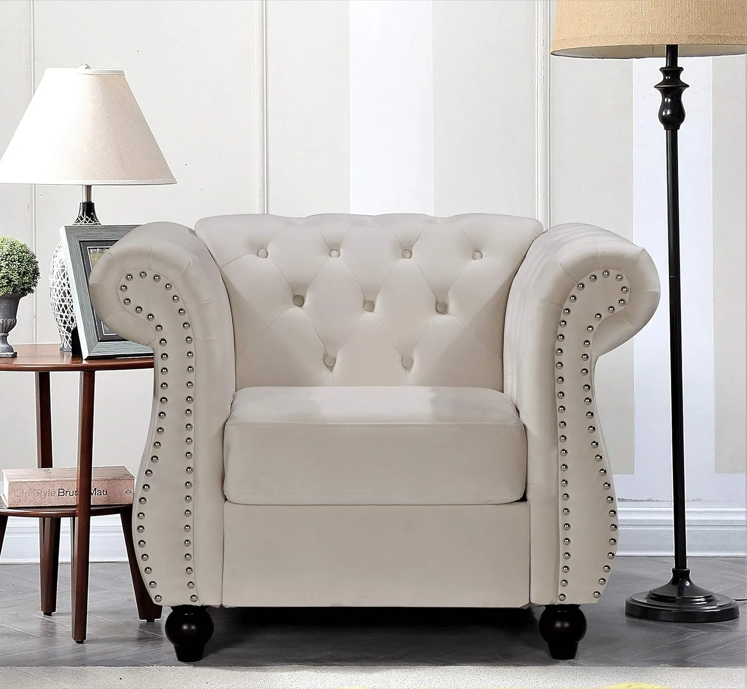 Feinstein Modern Velvet Chesterfield Couches for Living Room with Nailheads, Diamond Tufting & Durable Metal Frame, Chair, Loveseat & Sofa, Ivory