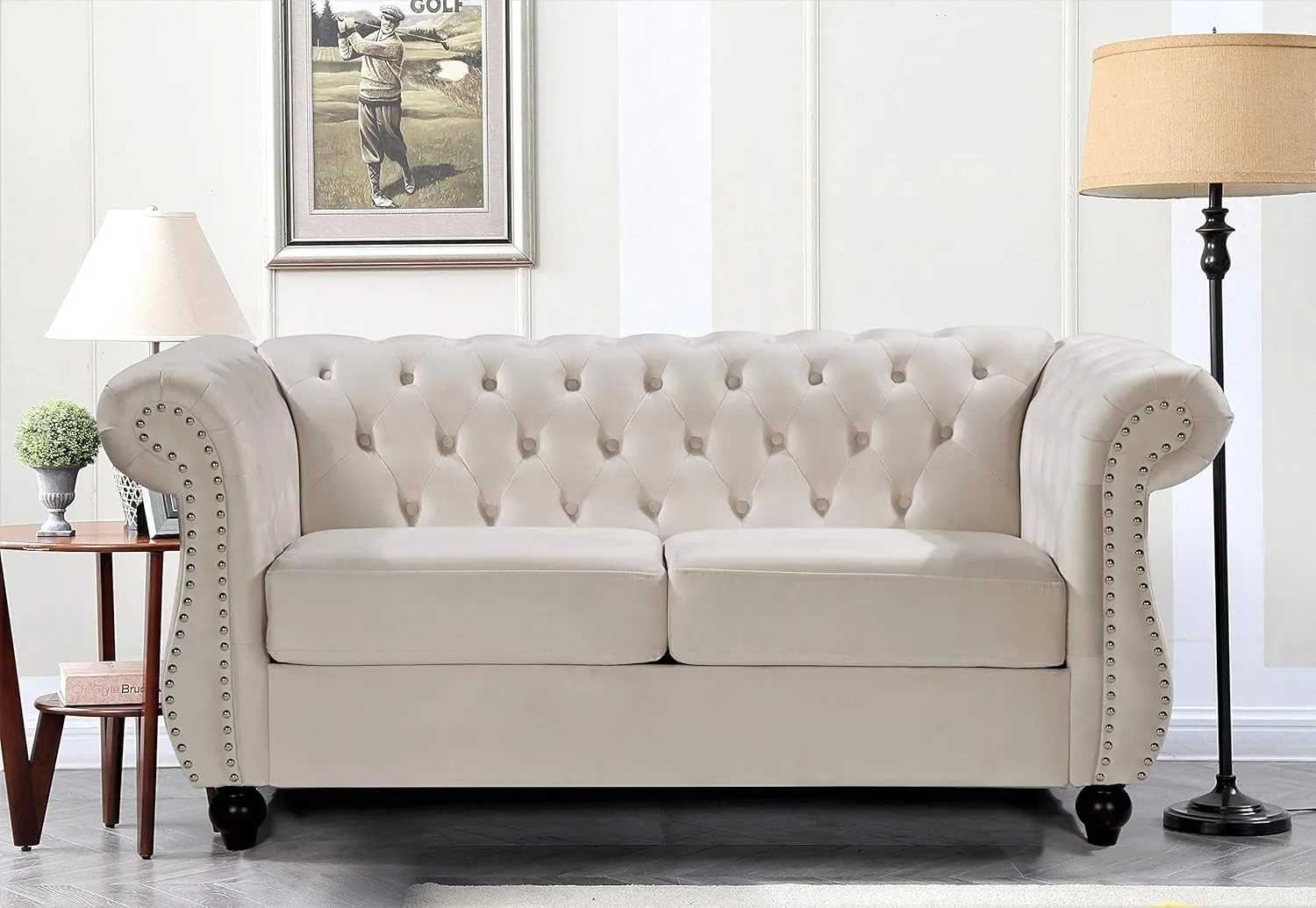 Feinstein Modern Velvet Chesterfield Couches for Living Room with Nailheads, Diamond Tufting & Durable Metal Frame, Chair, Loveseat & Sofa, Ivory