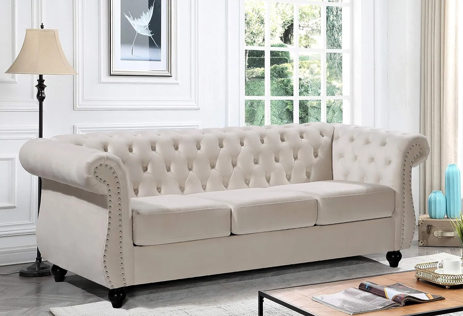 Feinstein Modern Velvet Chesterfield Couches for Living Room with Nailheads, Diamond Tufting & Durable Metal Frame, Chair, Loveseat & Sofa, Ivory