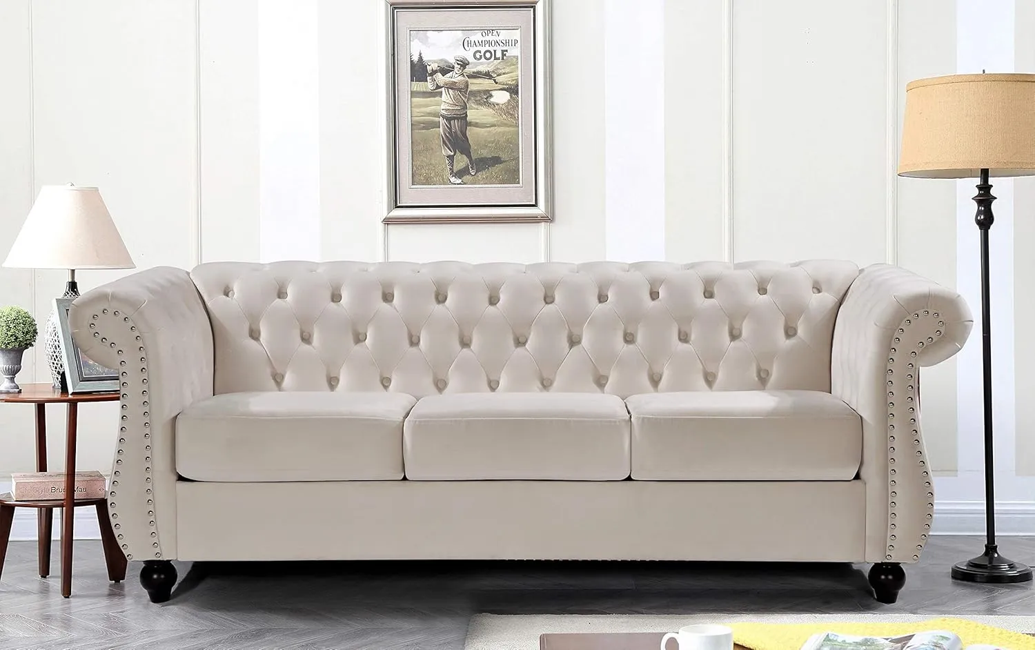 Feinstein Modern Velvet Chesterfield Couches for Living Room with Nailheads, Diamond Tufting & Durable Metal Frame, Chair, Loveseat & Sofa, Ivory