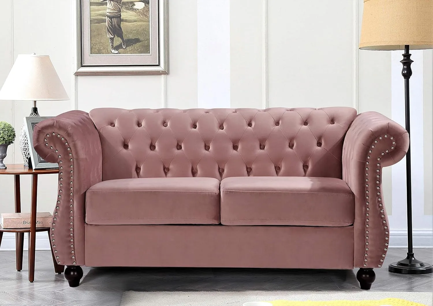 Feinstein Modern Velvet Chesterfield Couches for Living Room with Nailheads, Diamond Tufting & Durable Metal Frame, Chair, Loveseat & Sofa, Rose