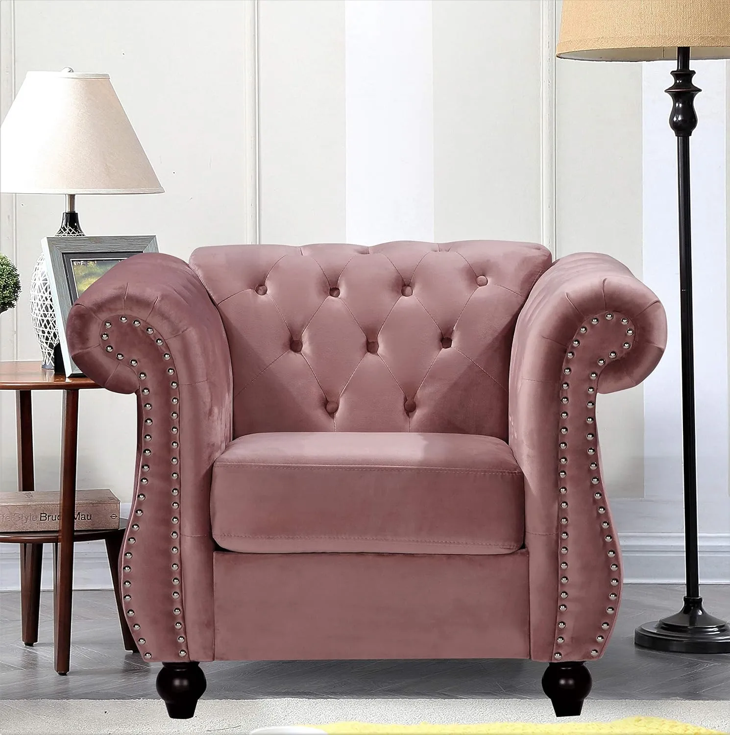 Feinstein Modern Velvet Chesterfield Couches for Living Room with Nailheads, Diamond Tufting & Durable Metal Frame, Chair, Loveseat & Sofa, Rose