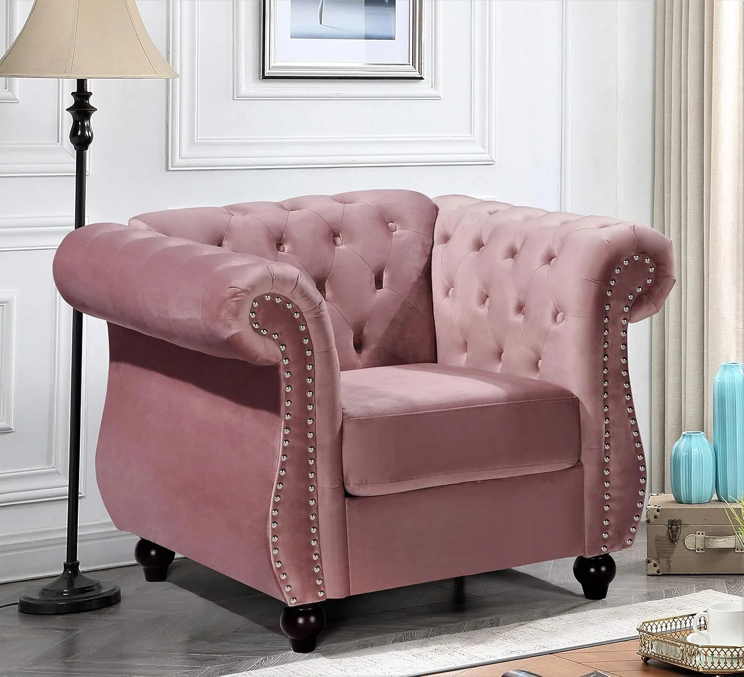 Feinstein Modern Velvet Chesterfield Couches for Living Room with Nailheads, Diamond Tufting & Durable Metal Frame, Chair, Loveseat & Sofa, Rose