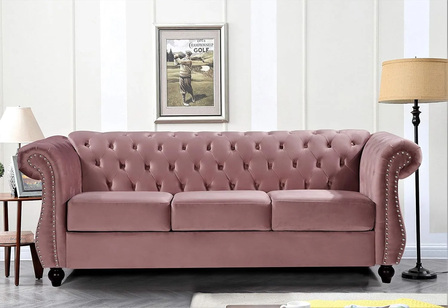 Feinstein Modern Velvet Chesterfield Couches for Living Room with Nailheads, Diamond Tufting & Durable Metal Frame, Chair, Loveseat & Sofa, Rose