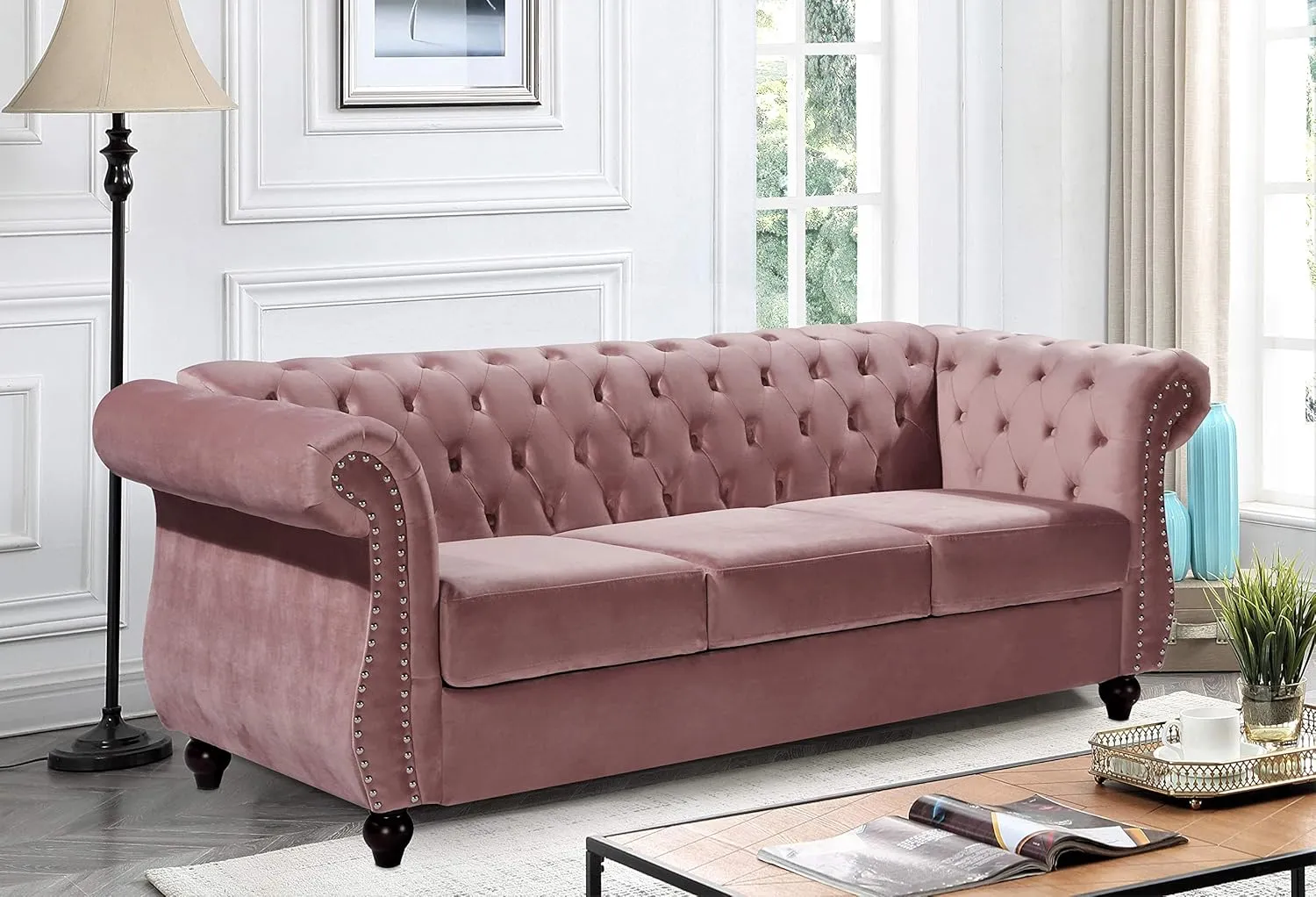 Feinstein Modern Velvet Chesterfield Couches for Living Room with Nailheads, Diamond Tufting & Durable Metal Frame, Chair, Loveseat & Sofa, Rose