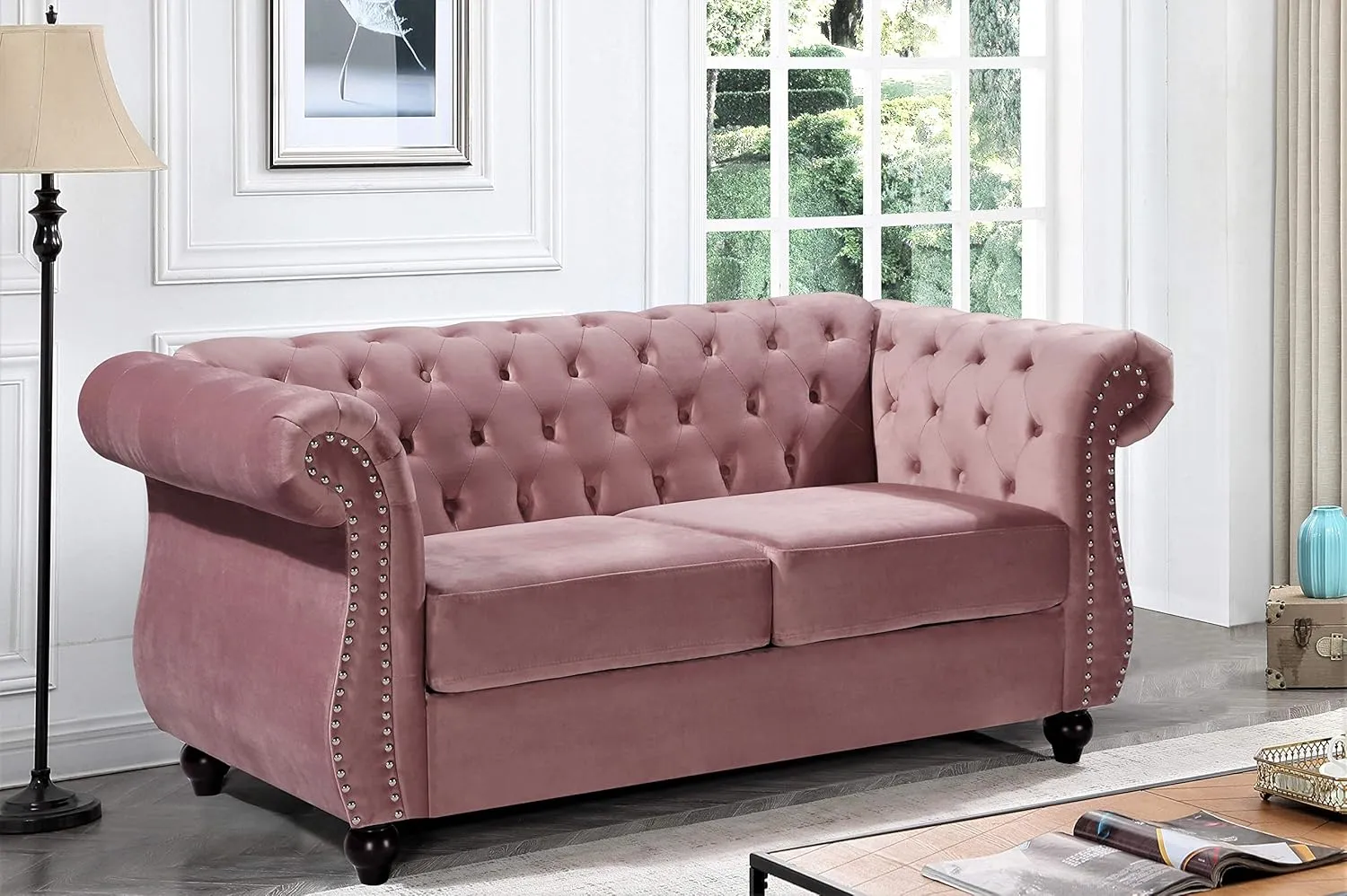Feinstein Modern Velvet Chesterfield Couches for Living Room with Nailheads, Diamond Tufting & Durable Metal Frame, Chair, Loveseat & Sofa, Rose