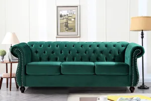 Feinstein Modern Velvet Chesterfield Couches for Living Room with Nailheads, Diamond Tufting & Durable Metal Frame, Sofa, Green