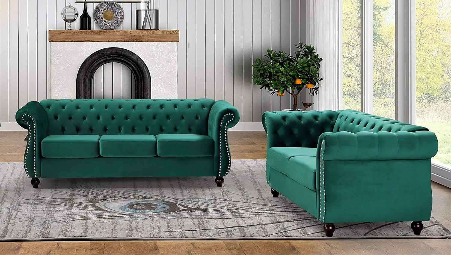 Feinstein Modern Velvet Chesterfield Couches for Living Room with Nailheads, Diamond Tufting & Durable Metal Frame, Sofa, Green