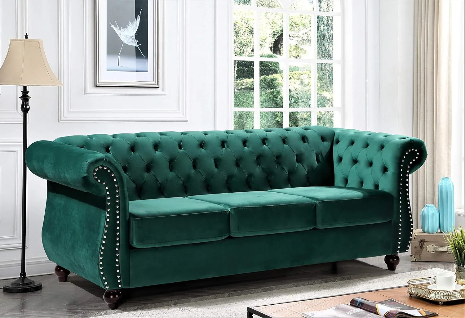 Feinstein Modern Velvet Chesterfield Couches for Living Room with Nailheads, Diamond Tufting & Durable Metal Frame, Sofa, Green