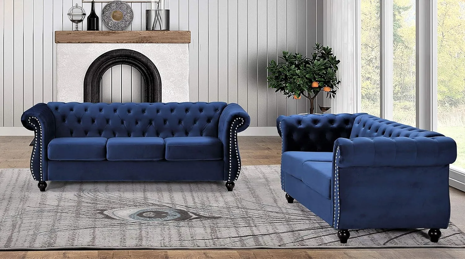 Feinstein Modern Velvet Chesterfield Couches for Living Room with Nailheads, Diamond Tufting & Durable Metal Frame, Sofa, Ultra Blue
