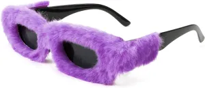 FEISEDY Women Plush Fuzzy Small Rectangle Sunglasses Punk Soft Velvet Shades Ladies Handmade Party Cosplay Eyewear B4093