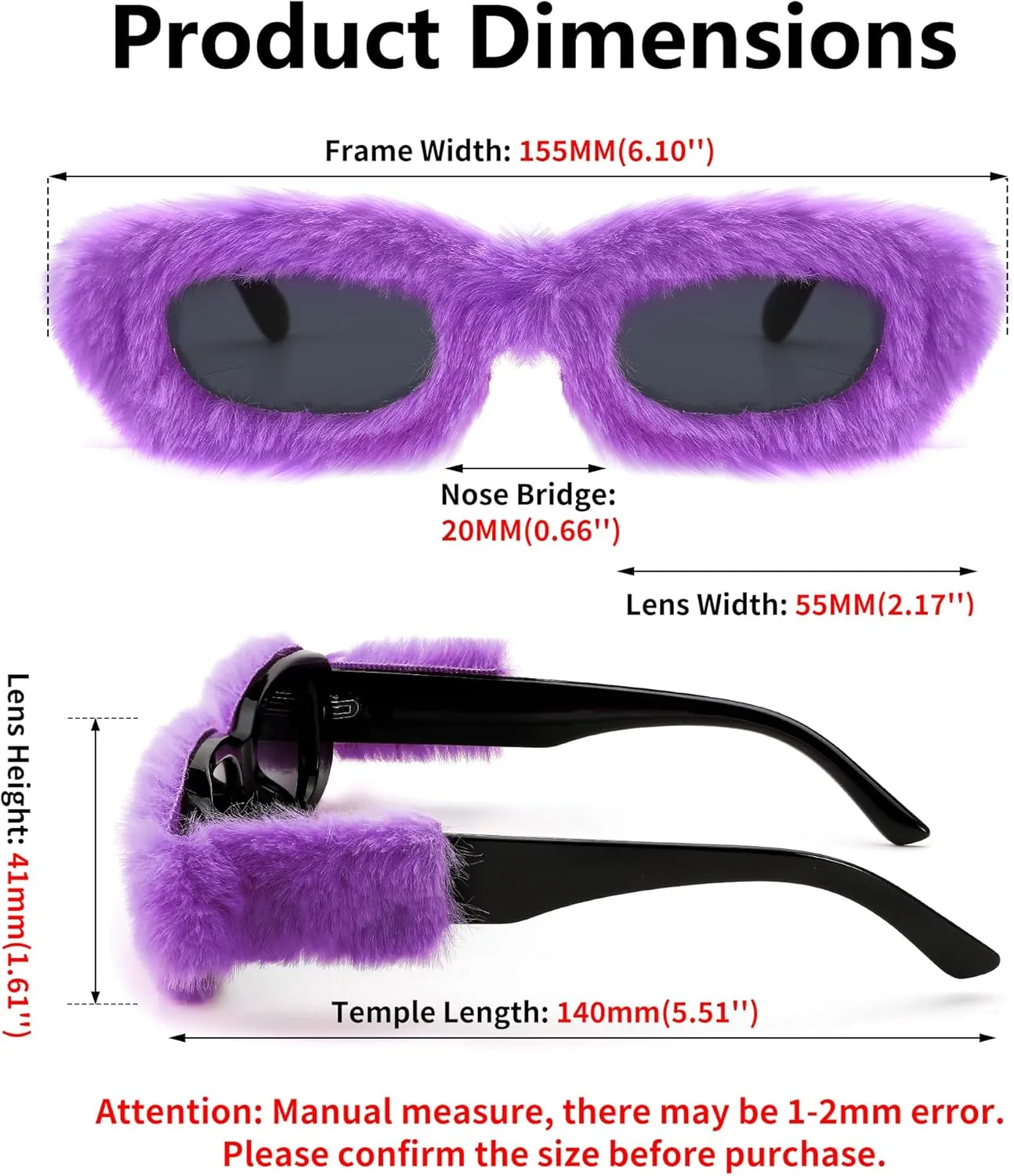 FEISEDY Women Plush Fuzzy Small Rectangle Sunglasses Punk Soft Velvet Shades Ladies Handmade Party Cosplay Eyewear B4093