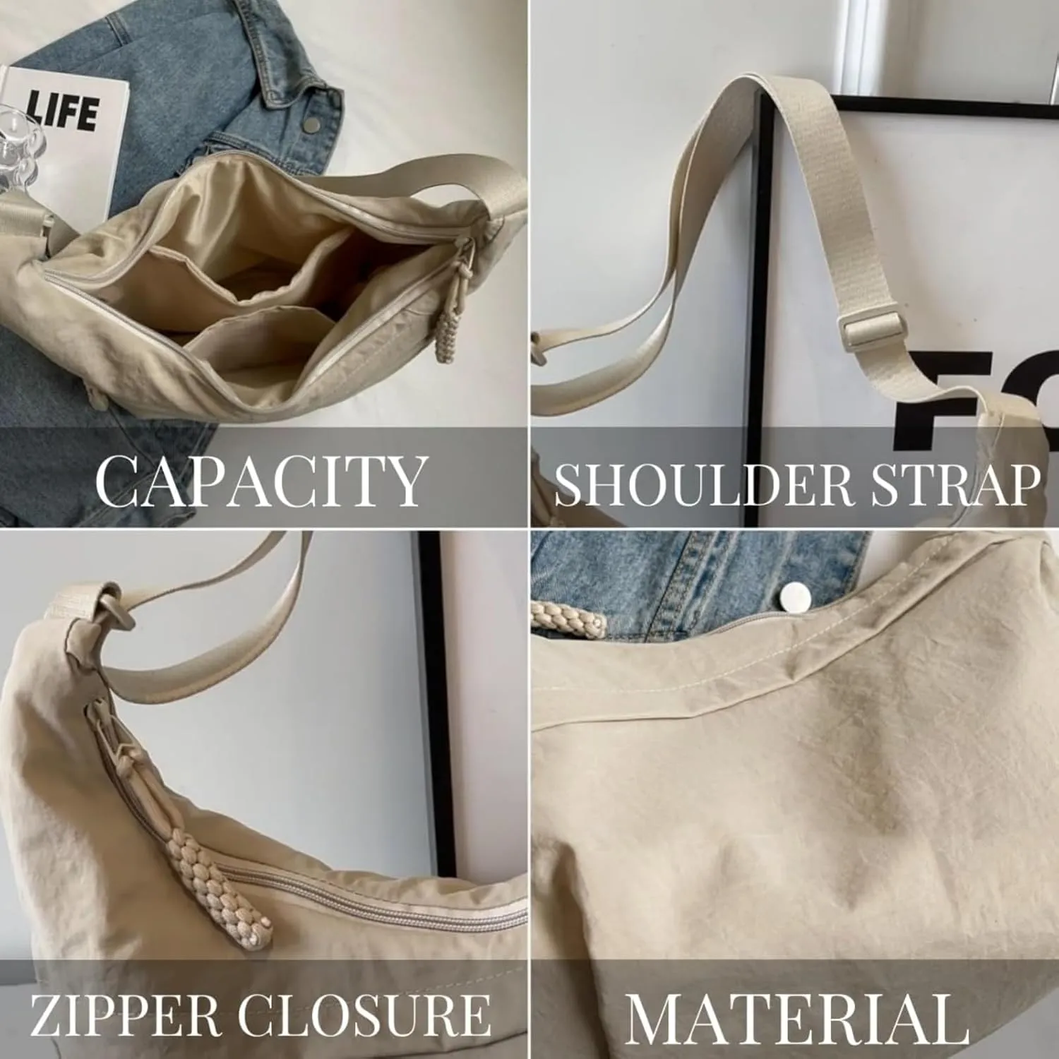 Festivalment Crossbody Bag, Fashion Plain Color Nylon Crossbody Bag, Nylon Messenger Bag Large Capacity Crossbody