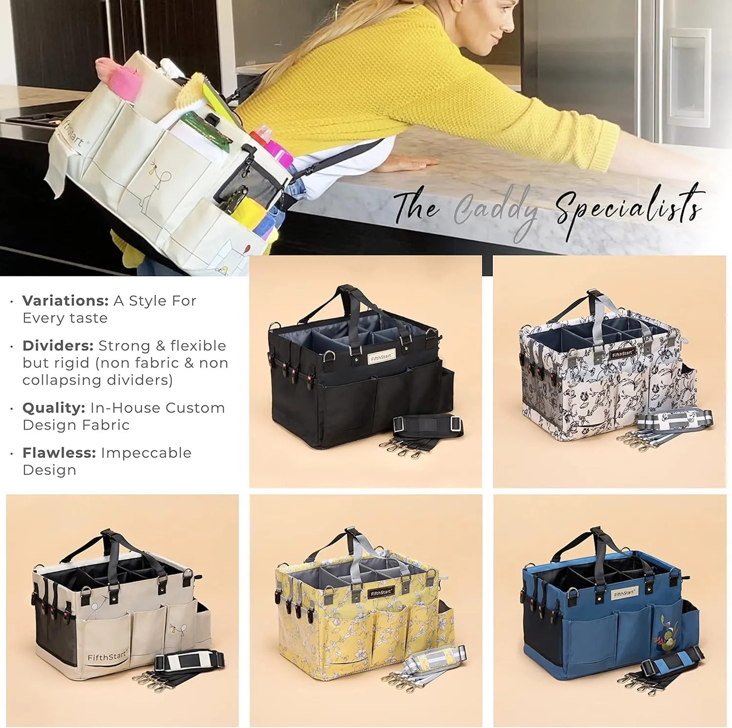 FifthStart Multipurpose Cleaning Caddy with Waist & Shoulder Strap - Diaper Caddy with 9 Pockets, Mesh Base & Adjustable Compartments (Yellow Floral, Small)