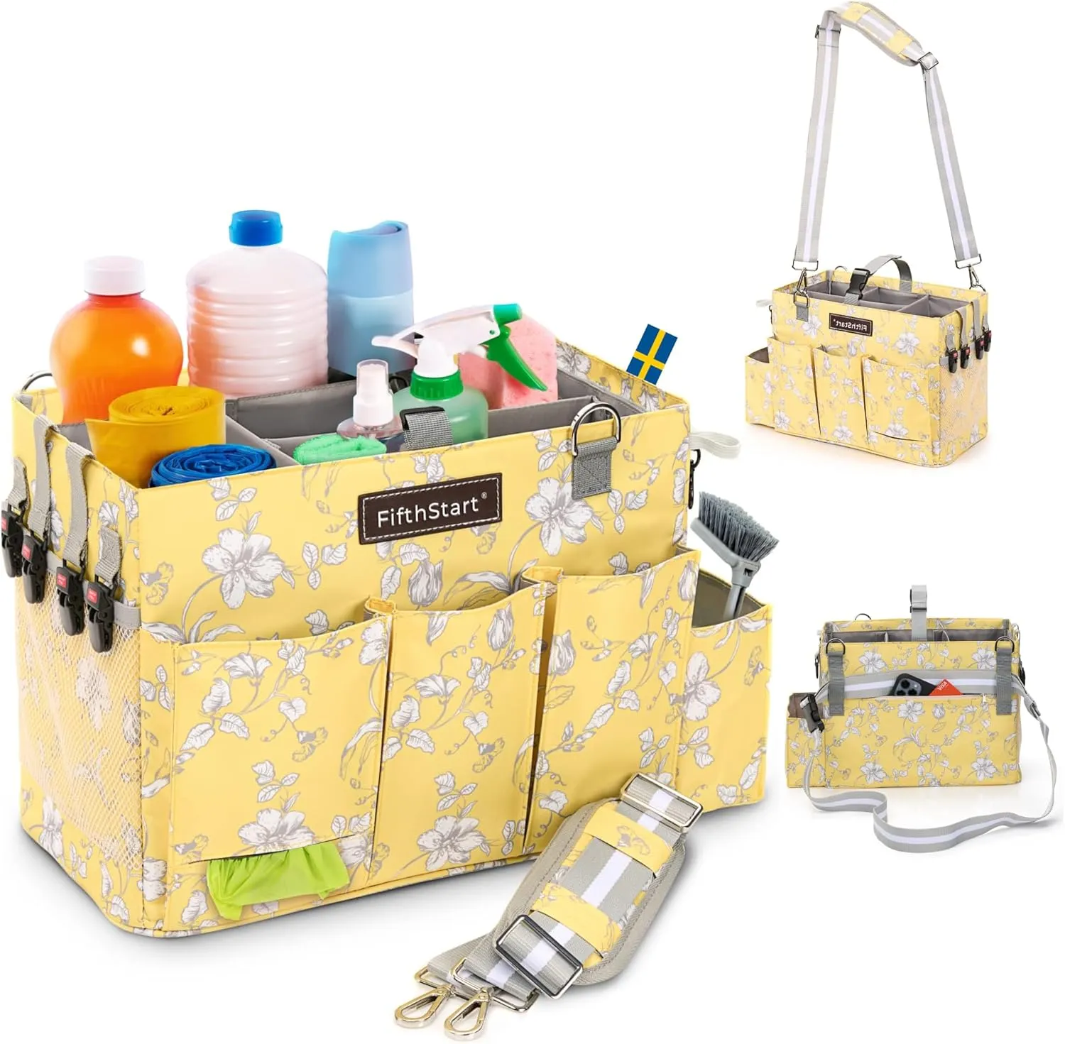 FifthStart Multipurpose Cleaning Caddy with Waist & Shoulder Strap - Diaper Caddy with 9 Pockets, Mesh Base & Adjustable Compartments (Yellow Floral, Small)