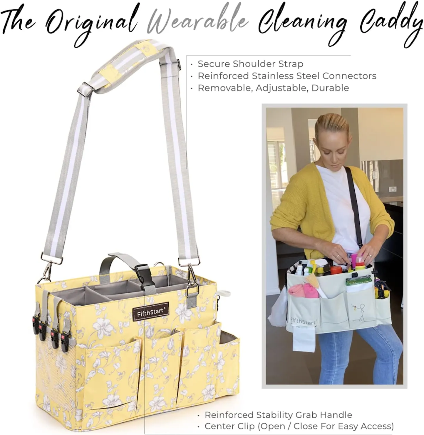 FifthStart Multipurpose Cleaning Caddy with Waist & Shoulder Strap - Diaper Caddy with 9 Pockets, Mesh Base & Adjustable Compartments (Yellow Floral, Small)