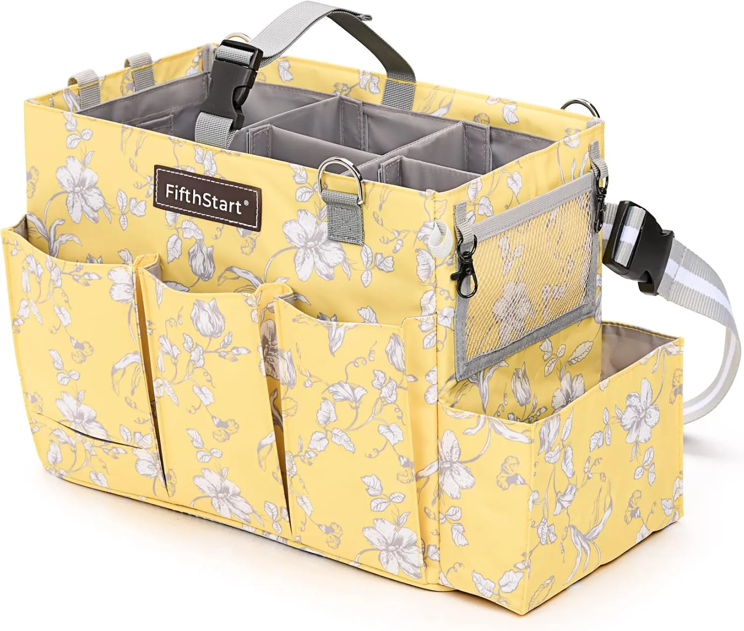 FifthStart Multipurpose Cleaning Caddy with Waist & Shoulder Strap - Diaper Caddy with 9 Pockets, Mesh Base & Adjustable Compartments (Yellow Floral, Small)