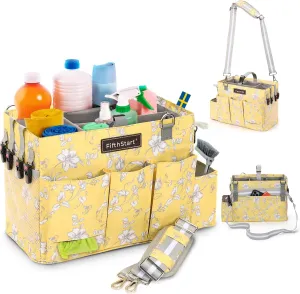 FifthStart Multipurpose Cleaning Caddy with Waist & Shoulder Strap - Diaper Caddy with 9 Pockets, Mesh Base & Adjustable Compartments (Yellow Floral, Small)