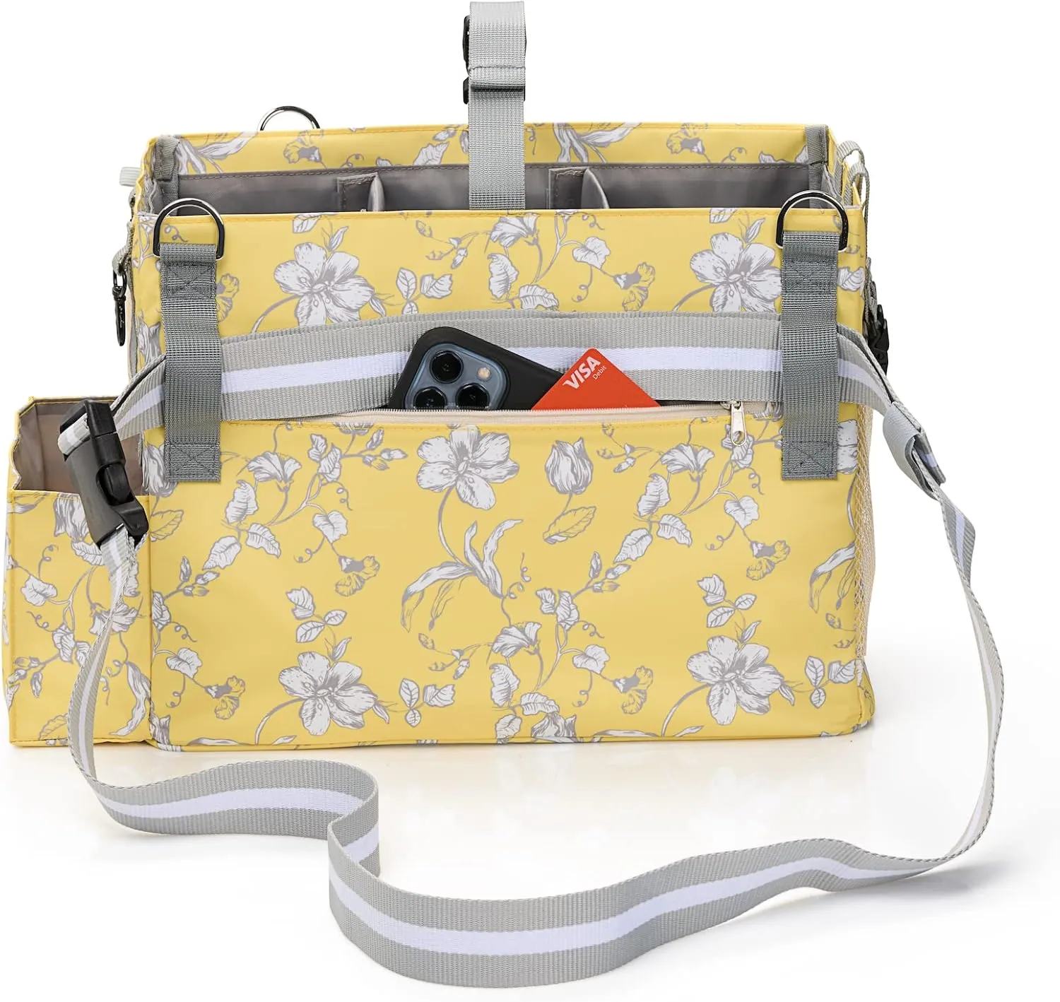 FifthStart Multipurpose Cleaning Caddy with Waist & Shoulder Strap - Diaper Caddy with 9 Pockets, Mesh Base & Adjustable Compartments (Yellow Floral, Small)