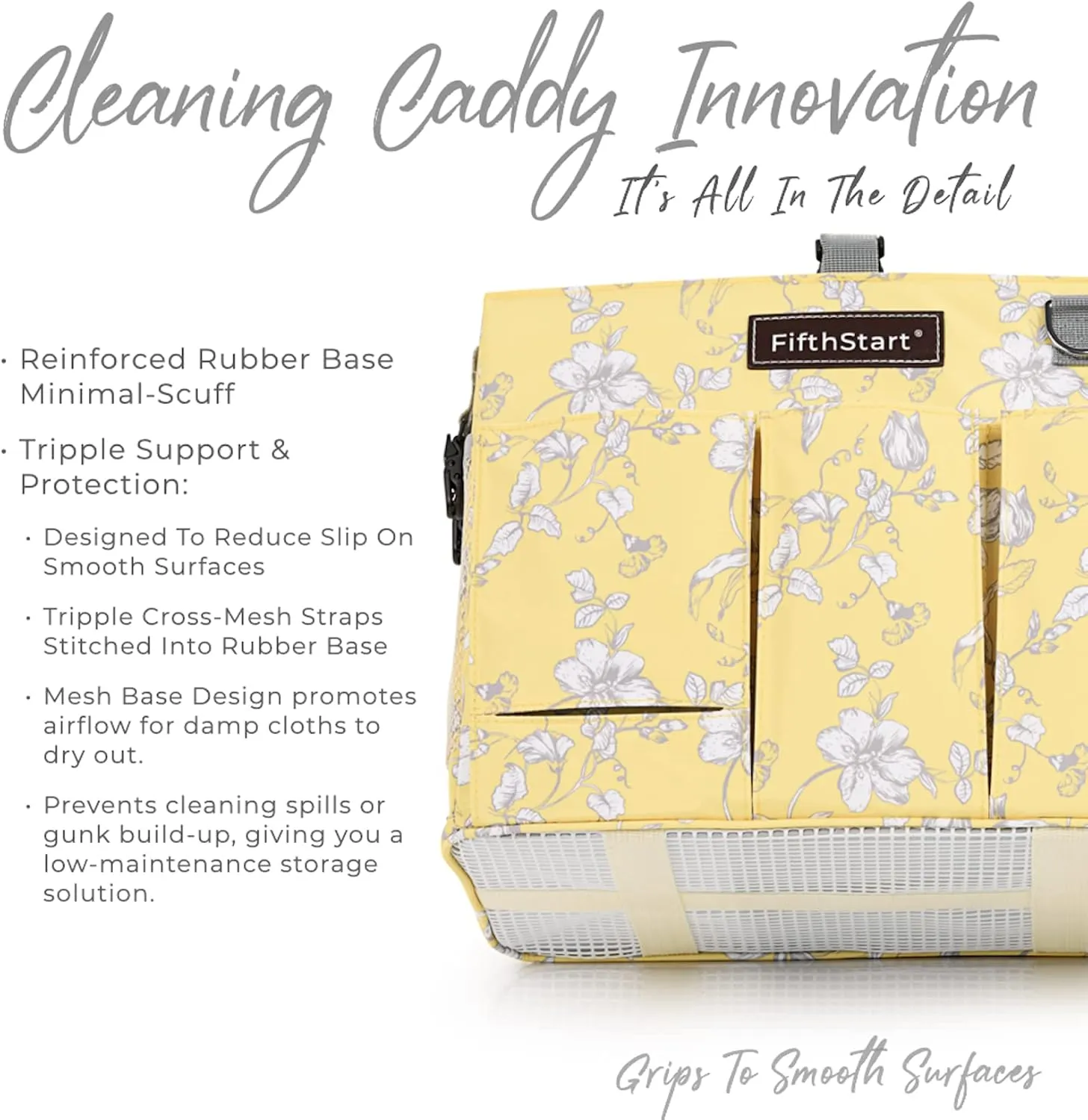 FifthStart Multipurpose Cleaning Caddy with Waist & Shoulder Strap - Diaper Caddy with 9 Pockets, Mesh Base & Adjustable Compartments (Yellow Floral, Small)
