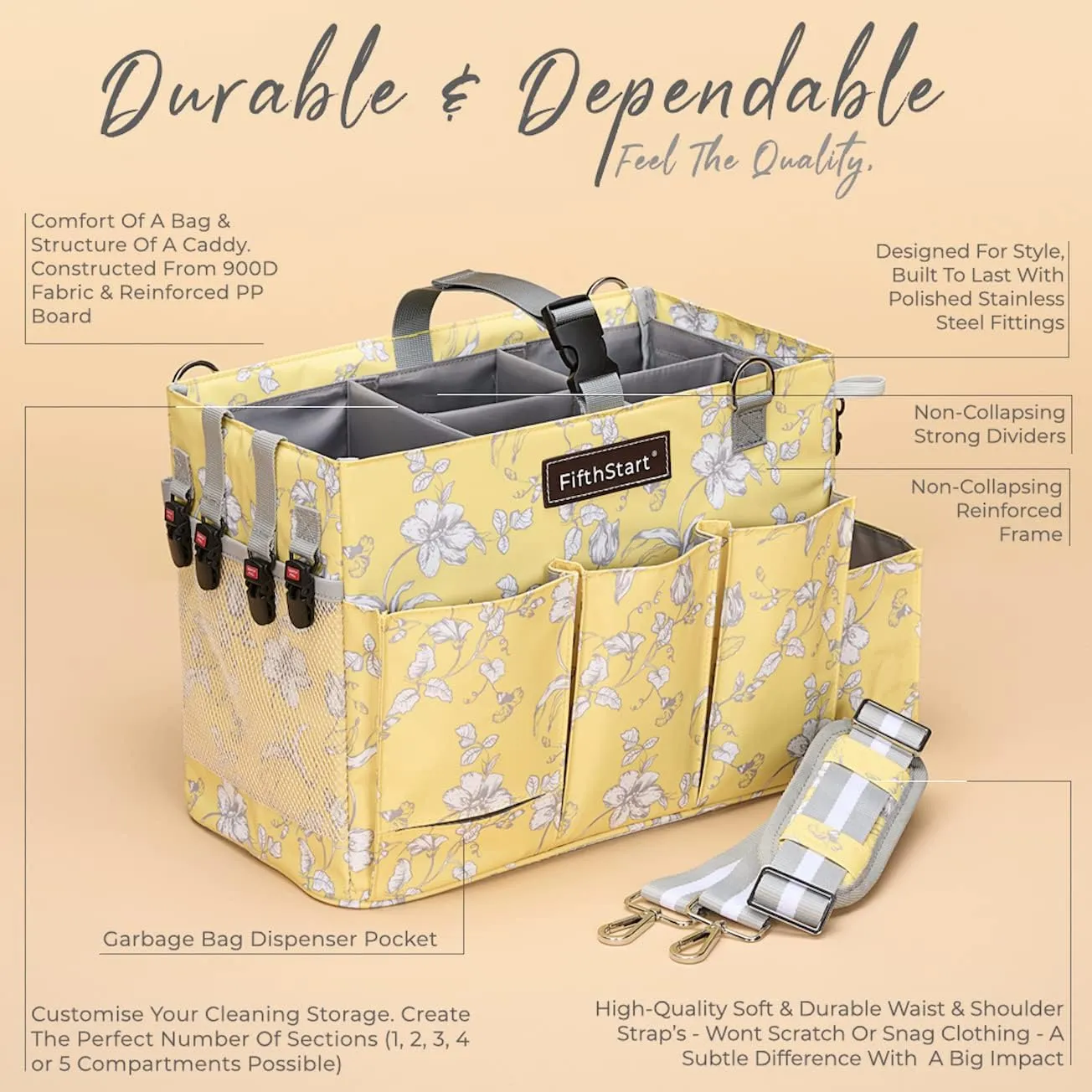 FifthStart Multipurpose Cleaning Caddy with Waist & Shoulder Strap - Diaper Caddy with 9 Pockets, Mesh Base & Adjustable Compartments (Yellow Floral, Small)