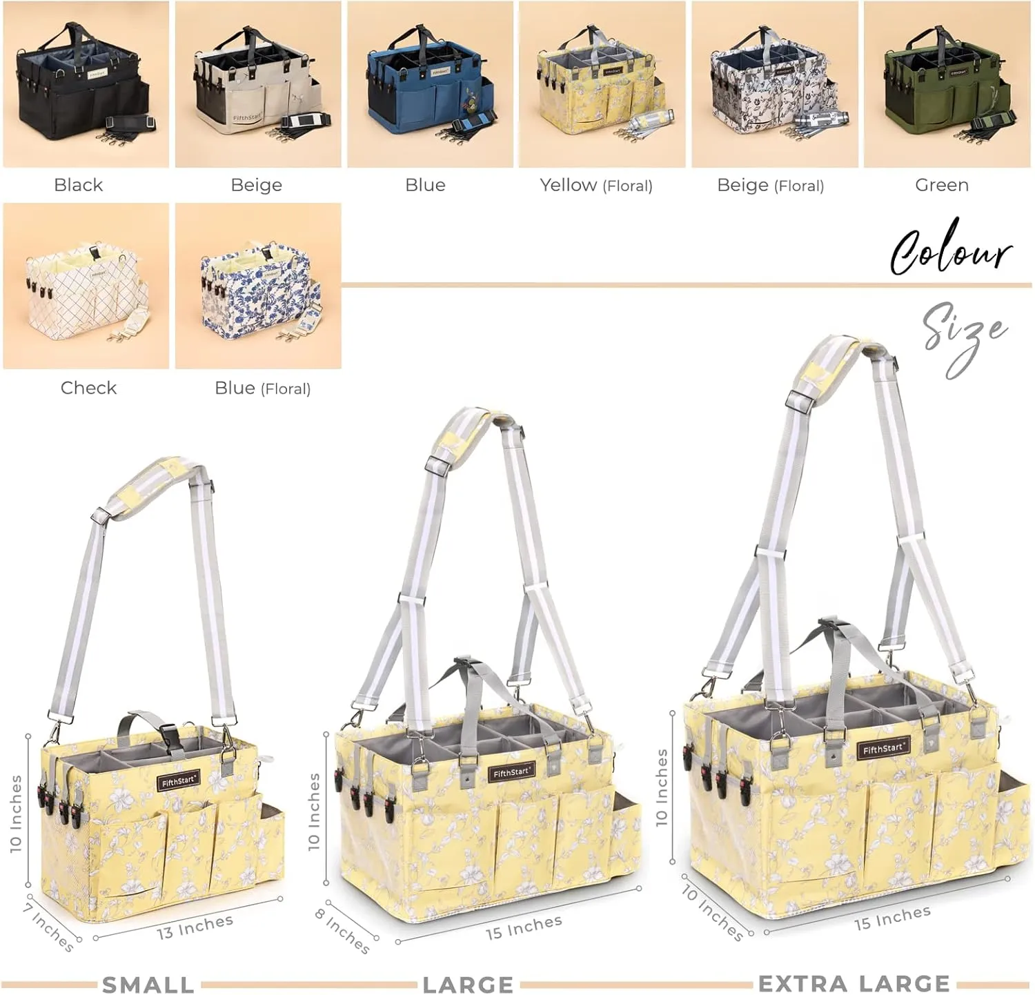 FifthStart Multipurpose Cleaning Caddy with Waist & Shoulder Strap - Diaper Caddy with 9 Pockets, Mesh Base & Adjustable Compartments (Yellow Floral, Small)