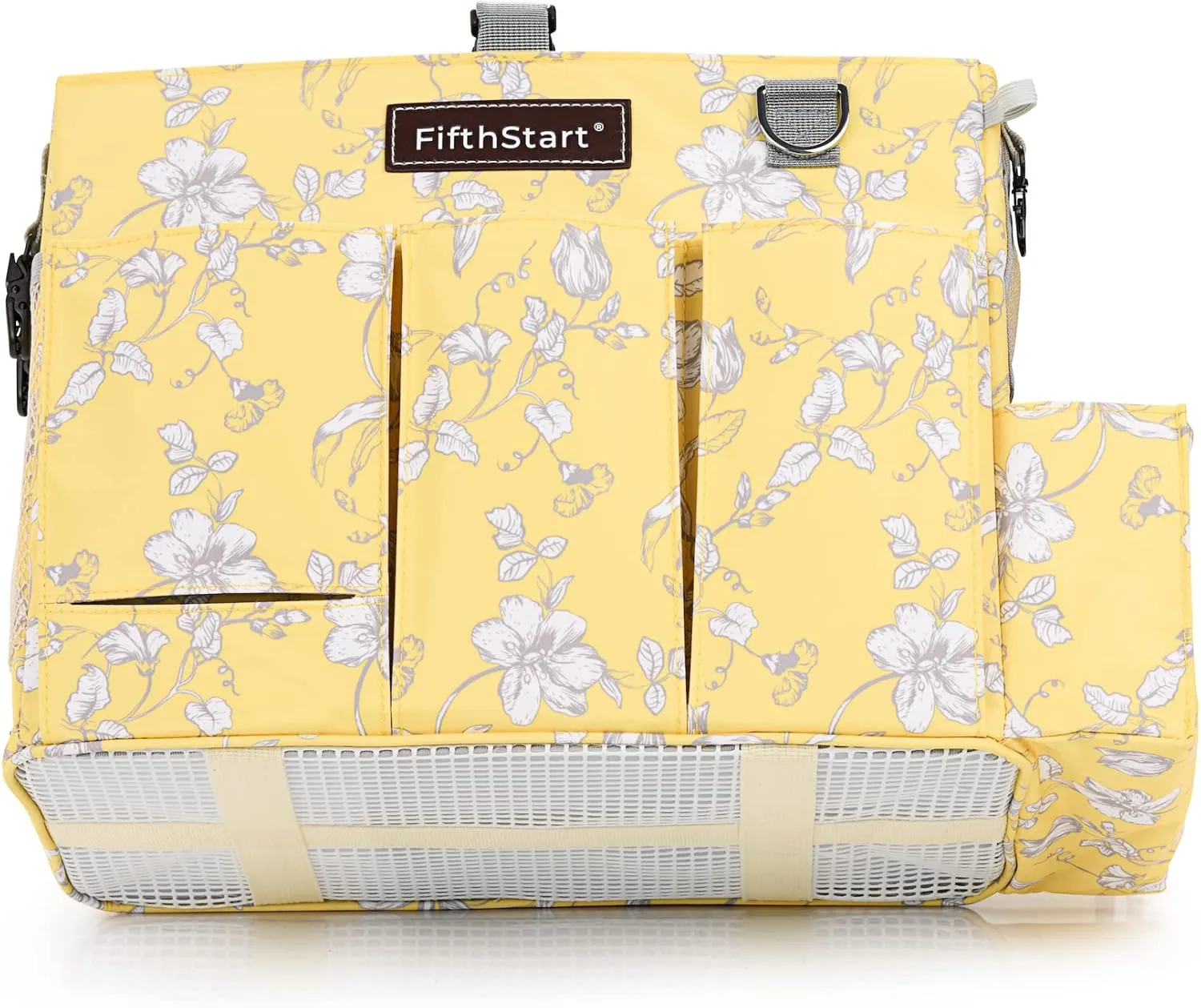 FifthStart Multipurpose Cleaning Caddy with Waist & Shoulder Strap - Diaper Caddy with 9 Pockets, Mesh Base & Adjustable Compartments (Yellow Floral, Small)